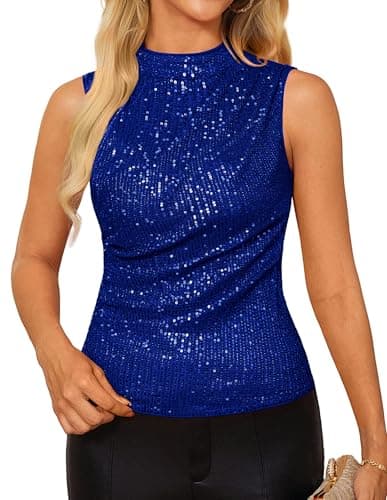 Glitter Shimmer Club Shirts for Women Sparkly Sequin Sleeveless Cami Crop Vest Party Top Tank Tops Blue Large