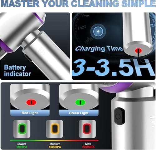 KedeeSparkle Handheld Car Vacuum Cordless, 22000PA Strong Suction Mini Vacuum Cleaner with 100,000 RPM Brushless Motor, 4-in-1 Portable Vacuum for Car Detailing, Camping, Home & Gift, Silver Purple - Thumbnail 2