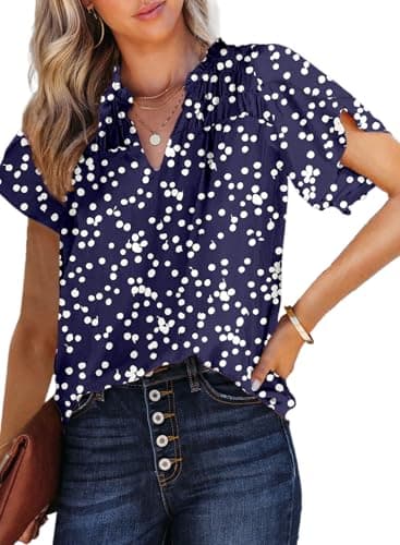 Dokotoo Womens Casual Alicia Flowy Print V Neck Smocked Short Sleeve Chiffon Blouses Tshirts Tops for Women 2026 Summer Trendy Work Business Boho Top Small Blue - Image 1