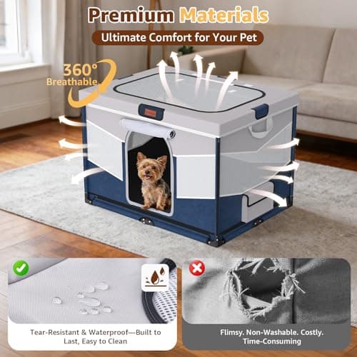 LOOBANI Foldable Dog Playpen for Small Dogs, Indoor/Outdoor Puppy Cat Playpen with Removable Washable Fabric Cover, Sturdy Steel Frame & 690D Oxford Cloth, Portable Dog Crate 32"x24"x22", Blue - Thumbnail 3