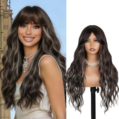 Potoki Ombre Brown Highlight Wig With Bangs Long Curly Wavy Wigs For Women Skin-Friendly Synthetic Brown Wig With Dark Root Realistic Look With True Scalp For Daily Party Use（26 Inch ） - Image 1