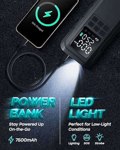Nature Hero Tire Inflator Portable Air Compressor - 7500mAh Air Pump for Car Tires, 150PSI Cordless Tire Pump with Pressure Gauge & LED Lights - 3X Faster for Car, Motorcycle, Balls and Bicycle, Black - Thumbnail 4