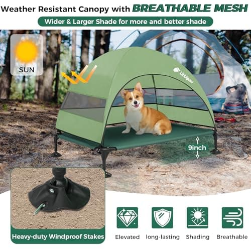 Libbipaw Windproof Elevated Dog Bed with Canopy & Stakes, 3-Sided 90% UV Block, Chew-Proof Teslin Mesh Mat for Large Dogs up to 150lbs(Green Large) - Thumbnail 6