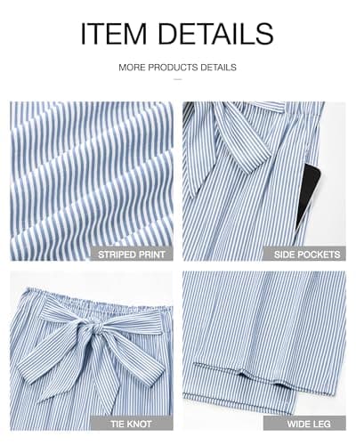 BTFBM Pants for Women 2026 Spring Clothes Striped High Waist Tie Knot Dressy Casual Wide Leg Palazzo Work Trousers Pants(Blue, Large) - Thumbnail 6