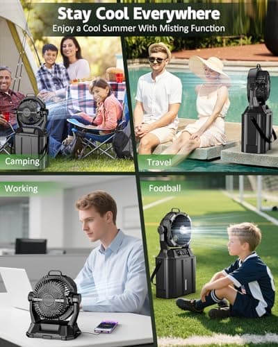 MONISEN Misting Fan for Outside Patios, Rechargeable Battery Operated Mist fan, Camping Mister Fan With Remote, 4 Mist Nozzles, 3 Light Settings, 4 Timers for Fishing/Golf/Garden/Party/Tent/Beach - Thumbnail 6