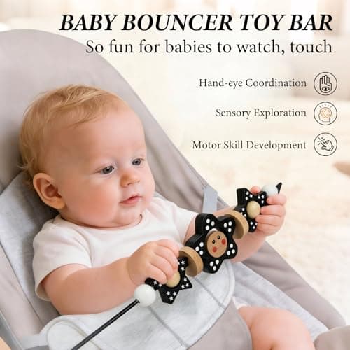 Baby Bjorn Bouncer Toy Bar Wooden Compatible with Baby Bjorn Bouncers, Attach Tight and Secure Fit, Easy to Remove, So Fun to Watch, Touch and Spin for Babies All Ages (Black and White Flower) - Thumbnail 3