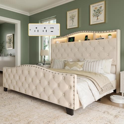 Belffin Queen Size Bed Frame and Headboard, 50.9" Velvet Upholstered Wingback Bedframe with LED Lights & Storage/Charging Station, Button Tufted Tall Footboard, No Box Spring Needed, Noise-Free, Beige - Image 1