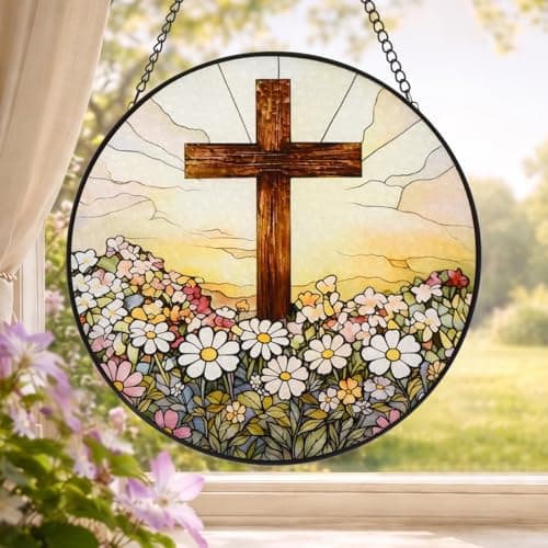 Russel Molly 8 Inch Stained Glass Cross and Wildflowers Suncatcher Christian Stained Glass Windows Hanging Flower Cross Gift for Religious Mother's Day Faith Christian Gifts Religious Home Decor