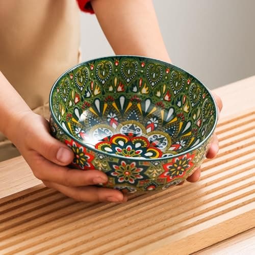 Porcelain Bowl Set of 4, 24 oz, 6 Inche Deeply Bohemia Bowl Set Large Ceramic Bowl Spaghetti Bowl, for Salad Pasta Soup Cereal Oatmeal Fruit, Microwave & Dishwasher Safe Gift Handmade-Style Print - Thumbnail 5