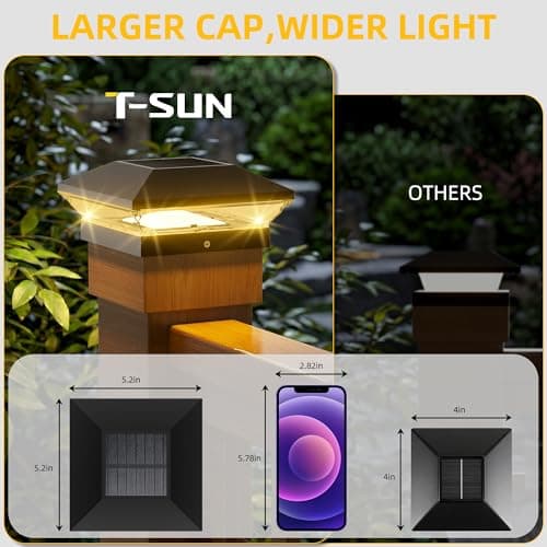 T-SUN Solar Post Cap Lights Outdoor 6 Pack, 2 Modes LED Fence Post Solar Lights Fit for 4x4 5x5 6x6 Vinyl/Wooden Posts, Waterproof Deck Post Lights Solar Powered for Garden Patio Gate Porch - Thumbnail 4