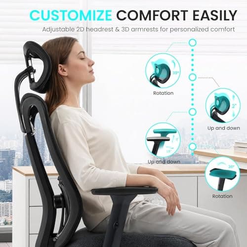LuxErgo Ergonomic Office Chair, High Back Mesh Desk Chair with Adjustable Headrest Lumbar Support Seat Depth, 300 Lbs Big and Tall, 90-110° Tilt Lock Swivel Rolling Task Chair, Black - Thumbnail 5