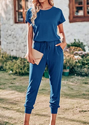 KIRUNDO Jumpsuits for Women Summer 2026 Casual Short Sleeve One Piece Outfits Drawstring Waist Long Pants Romper Jumpers(Dark Blue, X-Large) - Thumbnail 3