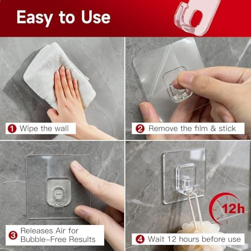10 Pack Invisible Adhesive Hooks for Hanging Heavy Duty, Waterproof & Rustproof Shower Hooks for Inside Shower, Clear Sticky Hooks for Walls No Damage, Multi-Use for Kitchen, Bathroom, Bedroom, Office - Thumbnail 6