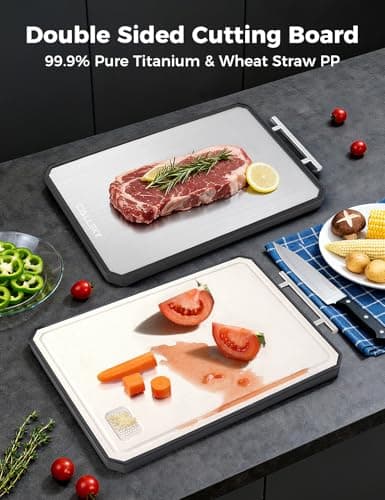 Titanium Cutting Board for Kitchen, Double Sided Non Toxic Titanium Cutting Board with JUICE GROOVE, Food-Grade Metal Chopping Board, Pure Titanium&Wheat Straw PP, Dishwasher Safe16.3”×11”-1 PC - Thumbnail 2