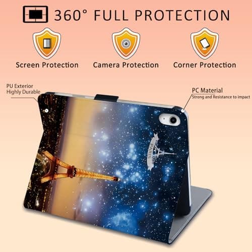 TTJHGYQO for iPad (A16) 11th Generation 11 Inch 2025/iPad 10th Generation 10.9 Inch 2022with Pencil Holder,Support Touch ID, Auto Wake/Sleep (Paris) - Thumbnail 5