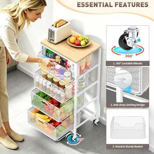 SUNALLY Rolling Kitchen Cart with Drawers, 4-Tier Utility Cart Fruit Vegetable Storage Cart with Lockable Wheels, Wooden Top Metal Kitchen Storage Organizer for Cans, Snacks, Beauty, Craft, Art, White - Thumbnail 4