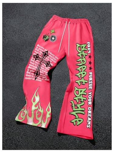VIPWOLF Men's Wide Leg Sweatpants Baggy Flared Sweatpants Y2K Letter Graphic Drawstring Waist Joggers Pants Streetwear Hot Pink X-Large - Thumbnail 2