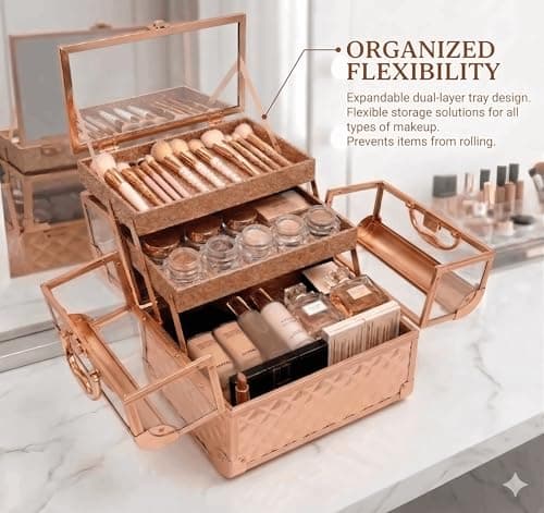 VETALLO Makeup Train Case Travel - Portable Cosmetic Storage Organizer Box Adjustable With 2 Trays, With Lock And Compartments,8.4 Inch Gold - Thumbnail 3