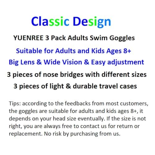 YUENREE 3 Pack Adult Swim Goggles for Men Women Teens Ages 8+ | No Leak Anti-Fog UV Protection | Easy Adjust Non-Slip Strap | with 3 Hard Travel Cases - Thumbnail 3
