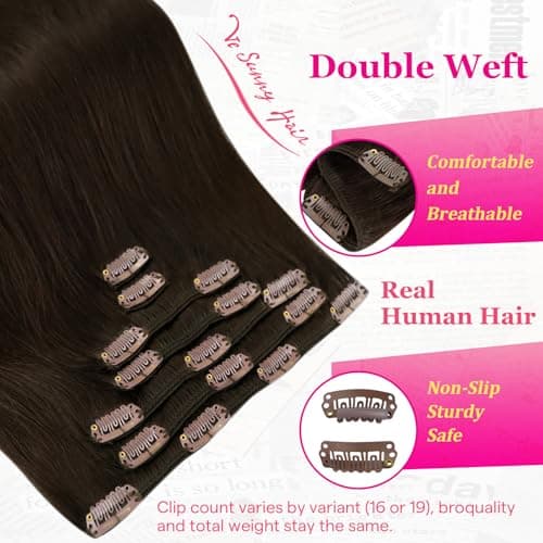 Ve Sunny Brown Clip in Hair Extensions Real Human Hair Brunette Hair Extensions Clip ins Human Hair Medium Brown Thick Double Weft 16 Inch 120g 7pcs - Thumbnail 6
