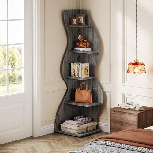 Tribesigns Wavy Corner Shelf, Modern 5-Tier Bookshelf Bookcase with Curvy Shape, Unique Plant Stand Display Rack for Living Room Small Space (Gray) - Thumbnail 5