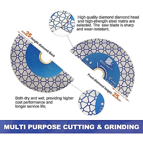 Diamond Saw Blade Tile Cutting Disc - BRSCHNITT 5 Inch for Cutting Granite Porcelain Ceramic Marble Artificial Stoneware Edge Grinding for 7/8”- 5/8” Arbor Angle grinde - Thumbnail 6