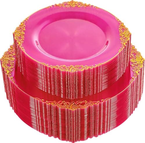 Joyido 102PCS Clear Hot Pink Plastic Plates - Pink Disposable Plate with Gold Rim - Hot Pink Party Plates Include 51PCS 7.5inch Dessert & 10.25inch Dinner Plate for Wedding Birthday Party Mother’s Day - Image 1