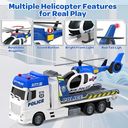 21.2 Inch Semi Police Truck Toy for 3 4 5 Years Old Boys - With Racing Car and Helicopter, Friction Powered Transport Truck Crane Vehicle with Lights and Sounds for Boy Christmas Birthday Gifts - Thumbnail 3
