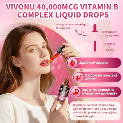 VivoNu Vitamin B Complex Liquid Drops, Methylated Vitamin B12 6000 mcg, B1, B6, B3, B5, B2, Folate, Biotin, Magnesium, Zinc, CoQ10 for Metabolism* & Energy Support, Raspberry Flavor - 2 Bottle - Thumbnail 6