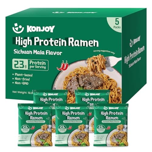 KONJOY High Protein Ramen (23g), Plant-Based Vegan Ramen Noodles with Sichuan Mala Sauce, Non-GMO, Non-Fried, Low Fat, High-Protein Healthy Meal – 5 Pack - Image 1