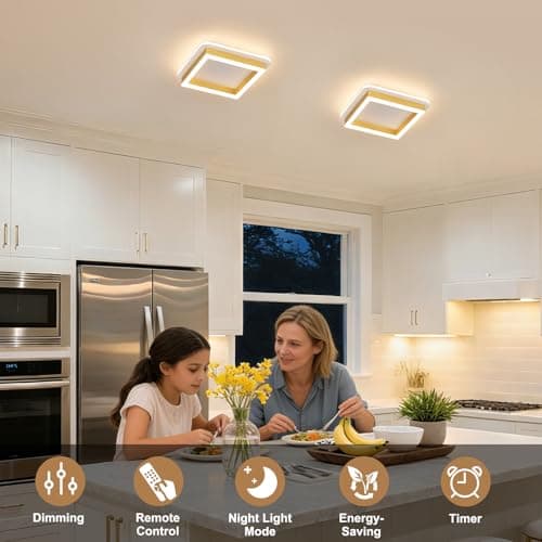 Vloitgol LED Flush Mount Ceiling Light Fixtures, 3000K-6000K Dimmable Hallway Light Fixtures with Remote Control Acrylic Square Ceiling Lamp for Kitchen Laundry Bedroom Bathroom (Gold) - Thumbnail 4
