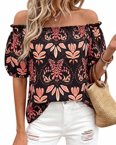 BTFBM Off The Shoulder Boho Tops for Women Summer Spring Short Sleeve Floral Loose Resort Beach Vacation Clothes 2026(Floral Black Orange, XX-Large) - Image 1