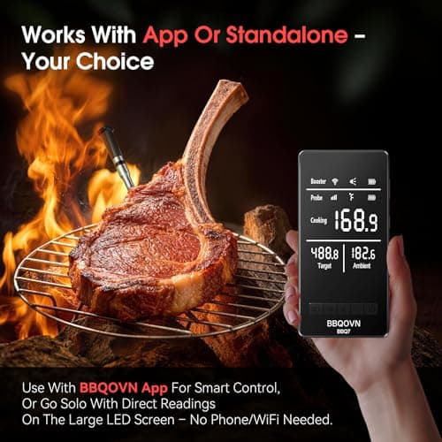 BBQOVN Smart WiFi Wireless Meat Thermometer, Sub-1G 656FT Range, 7-Sensor Probe, Standalone LED Base, IP68 Waterproof, APP Remote for BBQ Grill Smoker Oven - Thumbnail 4