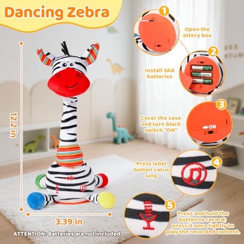 Dancing Talking Zebra Toy,Interactive Mimicking Repeating Zebra Plush Toy,Funny Gift Infant 6-18 Months,10 Children's Song,Tummy Time Toy Zebra Stuffed Animal for Toddlers 1 2 3 Year Old Boy Girl - Thumbnail 3