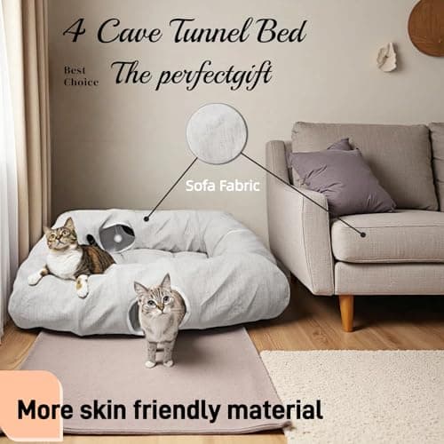 XxingSheep 4 Cave Premium Hemp Fabric XL Cat Tunnel Bed for Indoor Cats Cat Toys Cave Donut with Soft Mat - Thumbnail 4