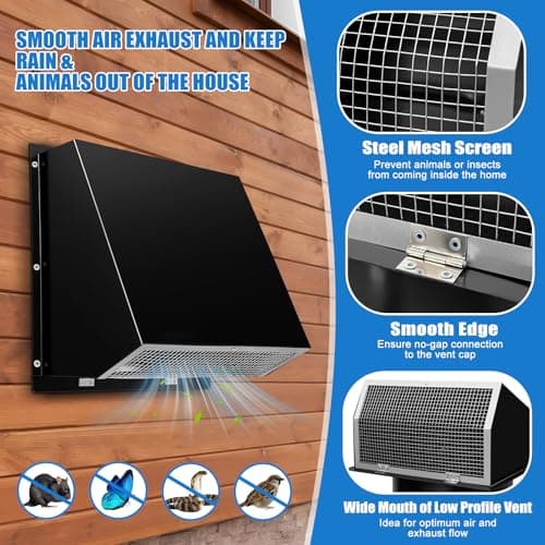 10 Inch Wall Vent Exhaust Vent Dryer Vent Cover Outside for Kitchen Range Hood Dryer,Black - Thumbnail 3