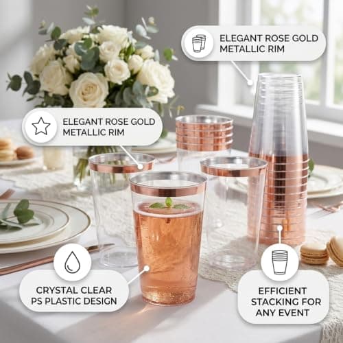 200 Pack 12oz Plastic Cups with Rose Gold Rimmed - Sturdy & Food Safe Plastic Wine Glasses Wedding Cups Party Cups Clear Cups Plastic Cocktail Glasses for Wine, Juice, Cocktails and Cold Beverages - Thumbnail 3