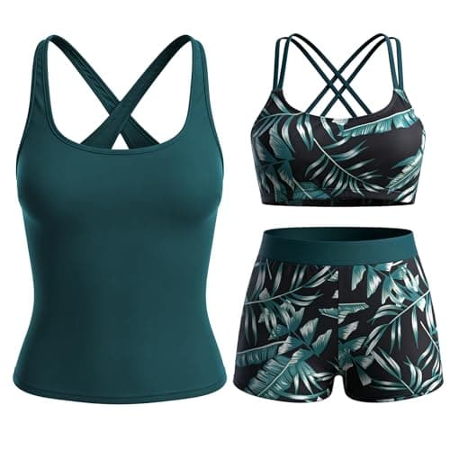 Bolsamila Women's 3 Piece Tankini Swimsuit Set Athletic Tank Top with Sports Bra Shorts Tummy Control Floral Print (US, Alpha, Large, Regular, Regular, Darkblue) - Image 1
