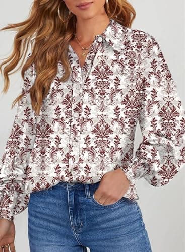 Dokotoo Womens Ladies Plus Size Tops for Women Long Sleeve Shirts Trendy V Neck Chiffon Button Down Blouses for Women Dressy Casual Allover Print Shirts Work Business Bohemian Tops Red X-Large - Thumbnail 2