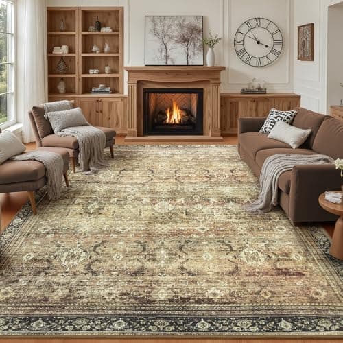 Carpelux Washable Area Rugs 9x12 Vintage Brown, Large Indoor Rug for Living Room Bedroom, Traditional Farmhouse Carpet for Dining Room, Charcoal Olive