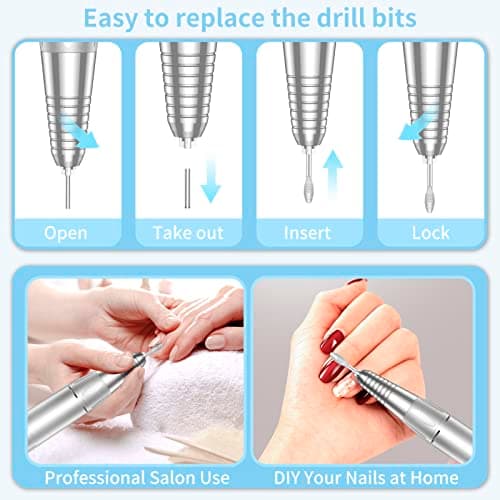 Portable Nail Drill Professional 35000 RPM, MOCOWIND Rechargeable Electric Nail File Machine E File for Acrylic Gel Polishing Removing, Cordless E-File with Bits Kit for Manicure Salon Home, Blue - Thumbnail 6