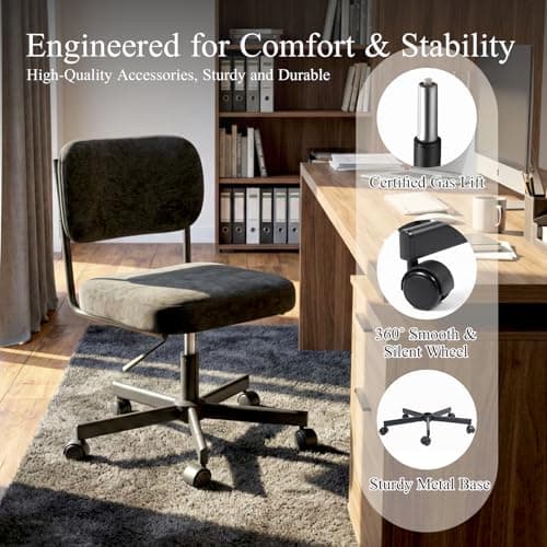 VATROS Vanity Chair with Wheels, Cute Armless Desk Chair with Back, Height Adjustable Swivel Small Office Chair, Comfy Fabric Computer Task Chair for Bedroom, Study, Dressing Room Black - Thumbnail 6
