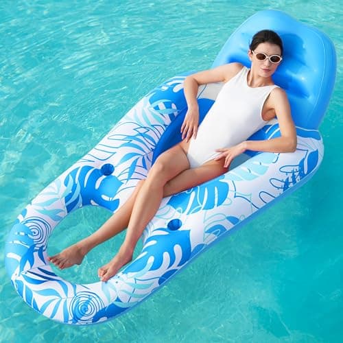 SLOOSH Pool Lounge Float Adult, Inflatable Pool Floats Lounger Raft Floaties Water Floating Recliner Chair with Cup Holders Foot Rest Swimming Floaty, Blue - Image 1