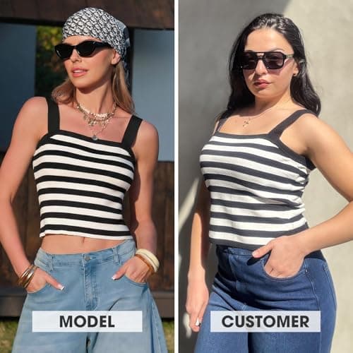 EXLURA Women Faux Cashmere Crop Top Striped Knit Tank Top Square Neck Camisole Summer Lightweight Sweater Y2K Going Out Tops - Thumbnail 2