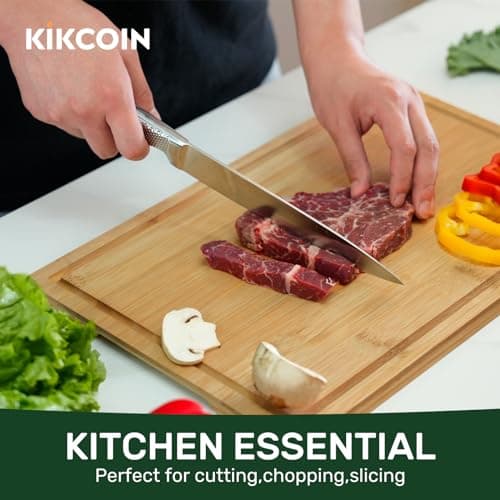 Kikcoin 17”×11” Bamboo Cutting Boards for Kitchen, Healthy Wooden Cutting Boards for Kitchen, Charcuterie, Vegetables, Cheese, Extra Large Chopping Boards with Deep Juice Groove and Handle, Natural - Thumbnail 2