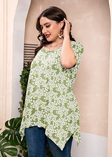 AusLook Plus Size Tops for Women Tunic Clothes Short Sleeve Green Roses Summer 1X Blouse Swing Tee Crewneck Clothing Flowy Shirts for Leggings - Thumbnail 3