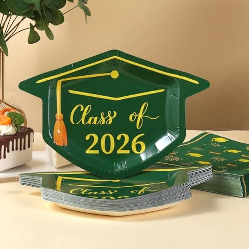 Cheery Land Green Graduation Plates and Napkins 2026, 50 9.3" Mortarboard Shaped Class of 2026 Plates & 50 Grad Napkins - Green and Gold Graduation Decorations 2026 - Thumbnail 2