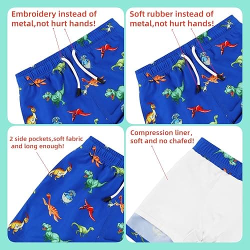 Toddler Kids Boys Swim Trunks with Compression Liner and Rash Guard Set Size 3T UPF 50+ Sun Protection Blue Orange Dinosaur - Thumbnail 5