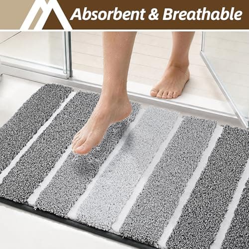 COSY HOMEER Bathroom Rugs 30 x 20, Ultra Soft Absorbent Bath Mat, Non-Slip TPR Backing Stays in Place, Machine Washable Shaggy Rug for Bathroom Floor, Grey & White - Thumbnail 4