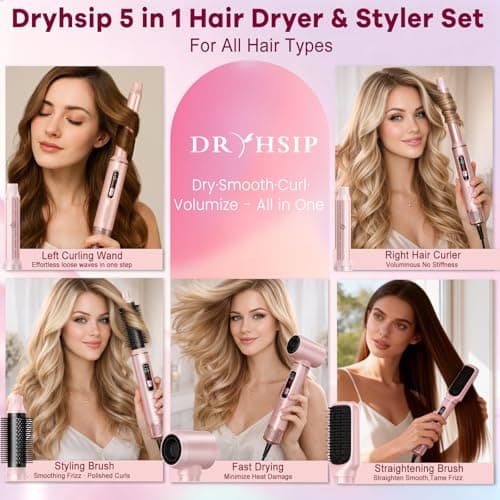 5 in 1 Hair Styler & Air Dryer Wrap Curler, Low-Speed Negative Ionic Hair Tools Drying, Multi Air Styler, Professional Blow Dryer Brush for Curling Volumizing Straightening Styling (Pink) - Thumbnail 2